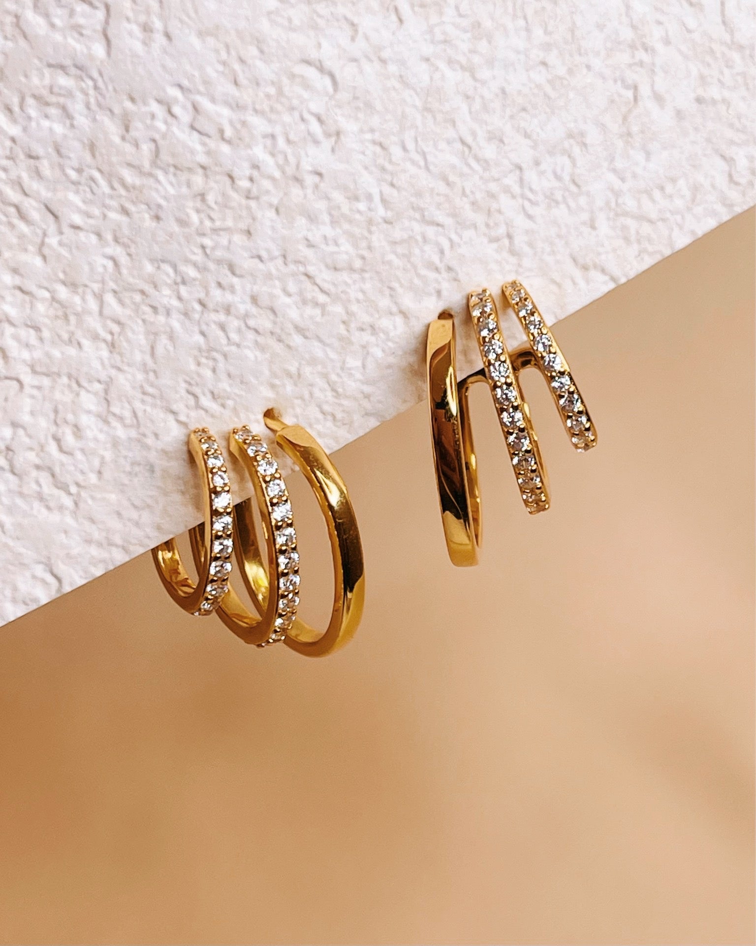 Addison Zircon Paved Gold Triple Layer Pseudo Stack illusion Huggie Hoop Earrings