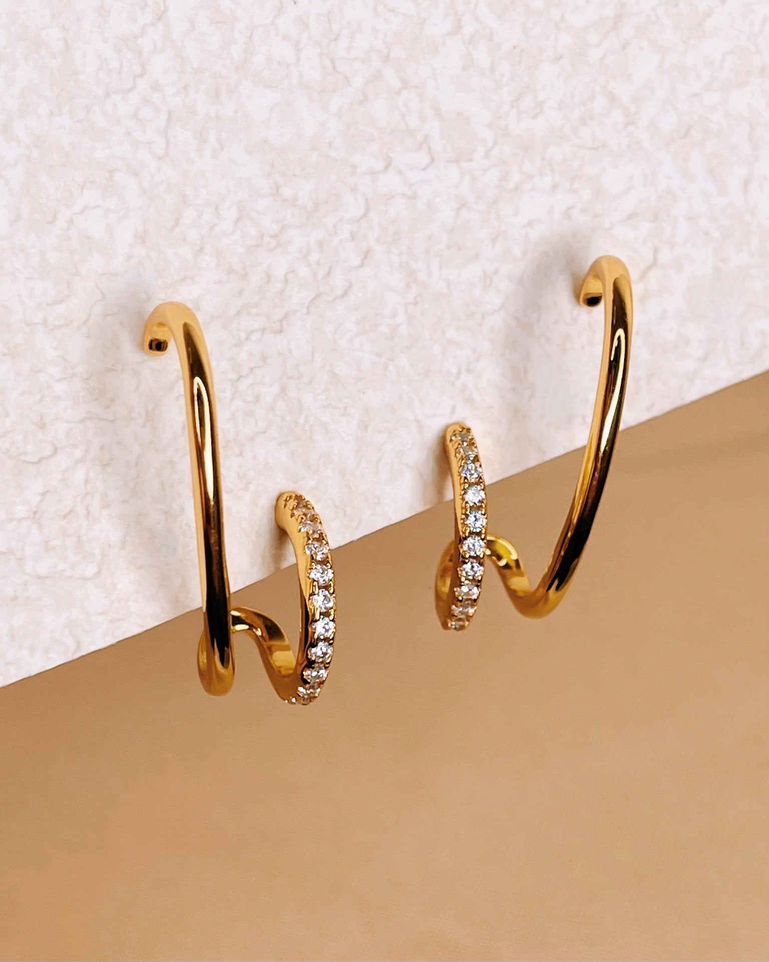 Bridget Half Zircon Paved Double Layer Pseudo Stack illusion Huggie Hoop Earrings