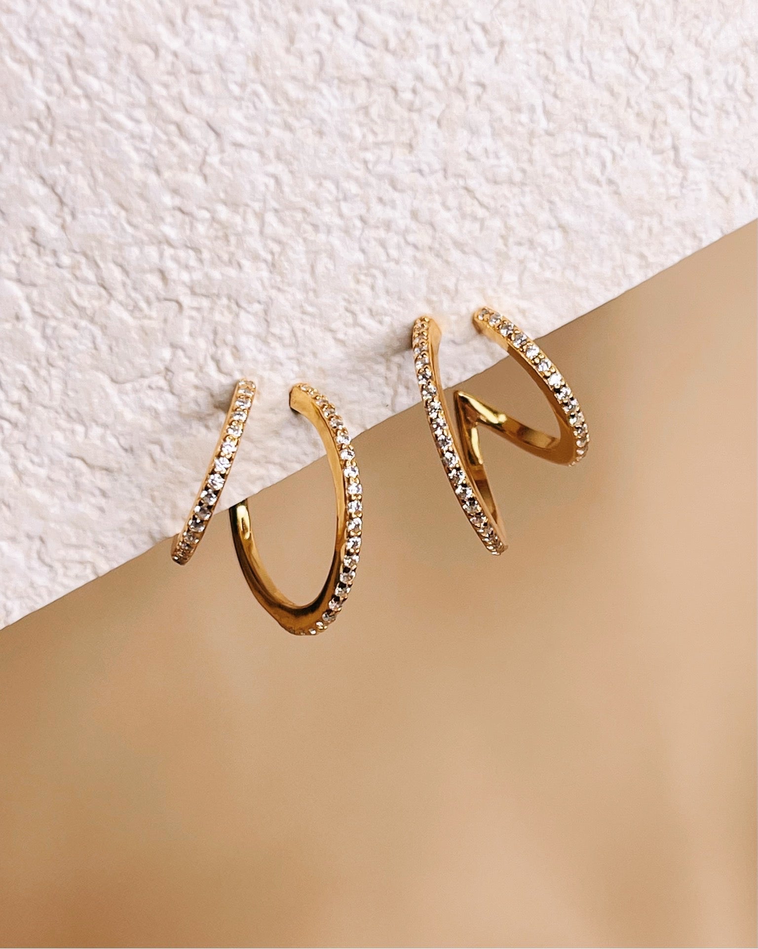 Anna Zircon Paved Double Layer Pseudo Stack illusion Huggie Hoop Earrings