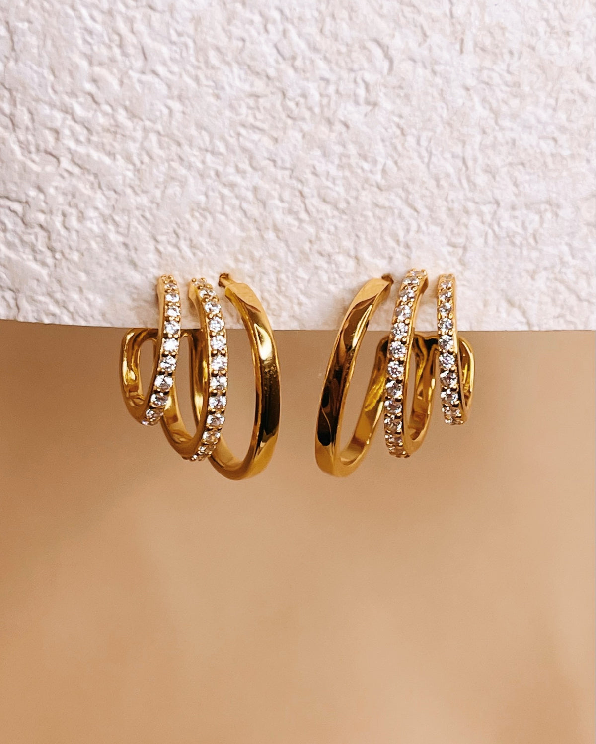 Addison Zircon Paved Gold Triple Layer Pseudo Stack illusion Huggie Hoop Earrings