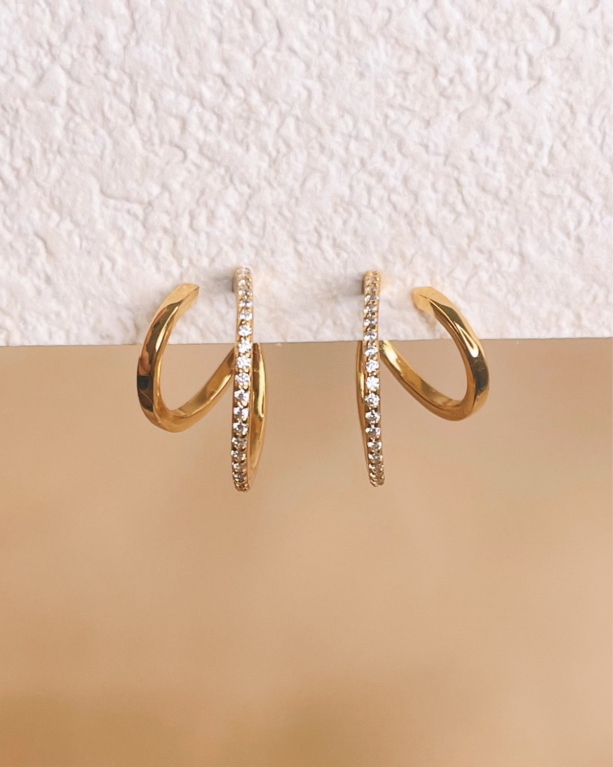 Annie Half Zircon Paved Double Layer Pseudo Stack illusion Huggie Hoop Earrings