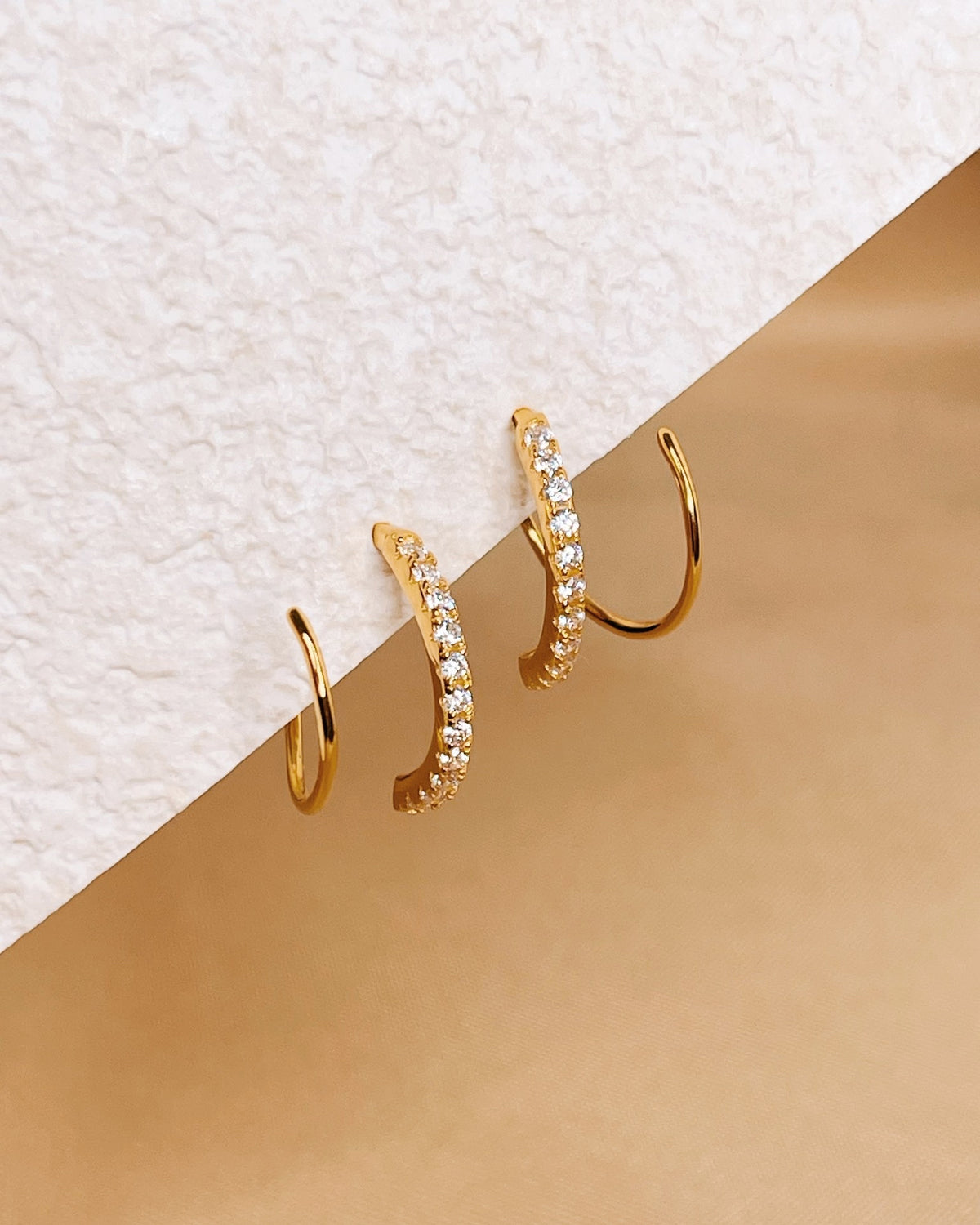 Blair Half Zircon Paved Double Layer Pseudo Stack illusion Spiral Huggie Hoop Earrings