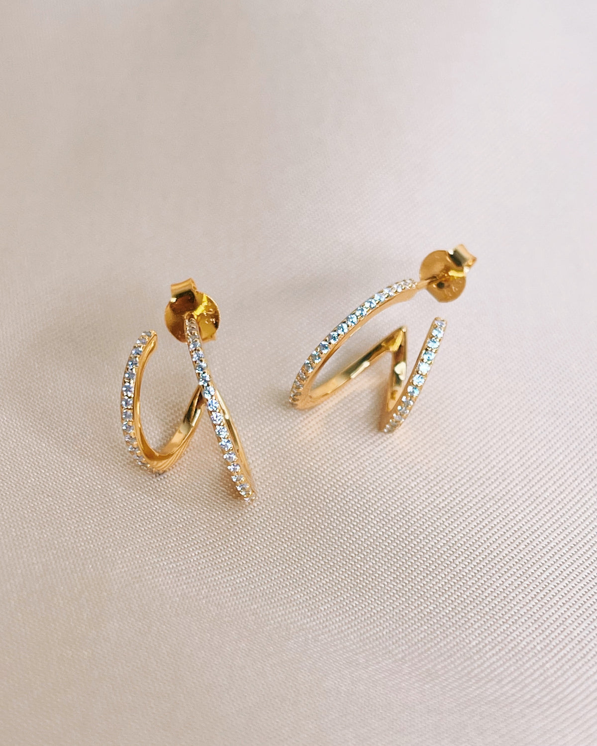 Anna Zircon Paved Double Layer Pseudo Stack illusion Huggie Hoop Earrings