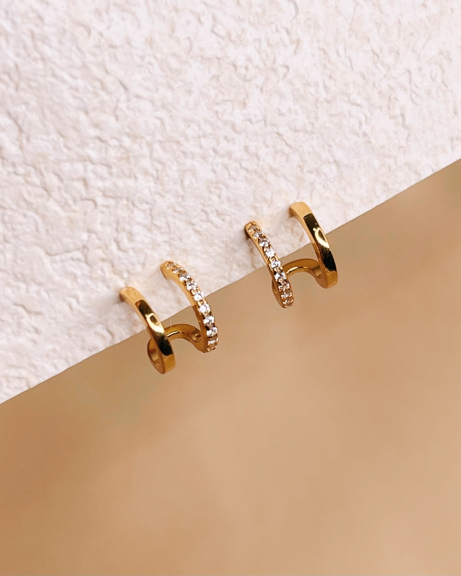 Beatrice Half Zircon Paved Double Layer Pseudo Stack illusion Huggie Hoop Earrings
