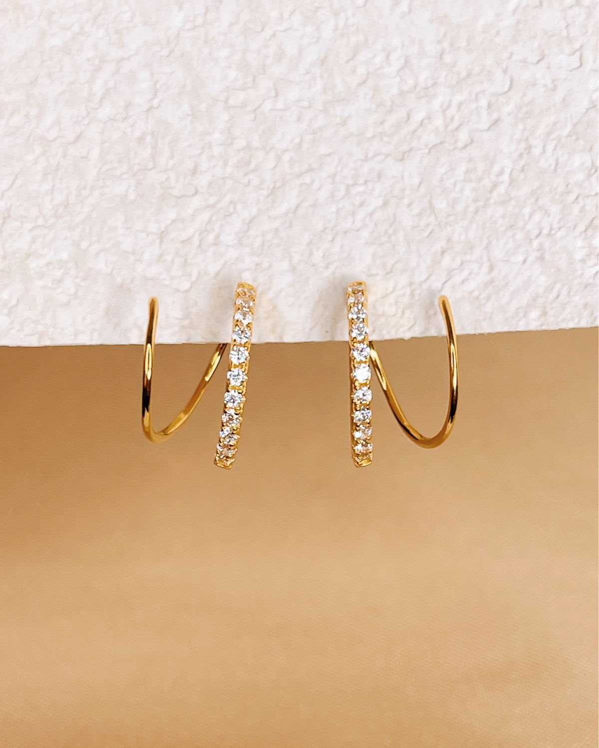 Blair Half Zircon Paved Double Layer Pseudo Stack illusion Spiral Huggie Hoop Earrings