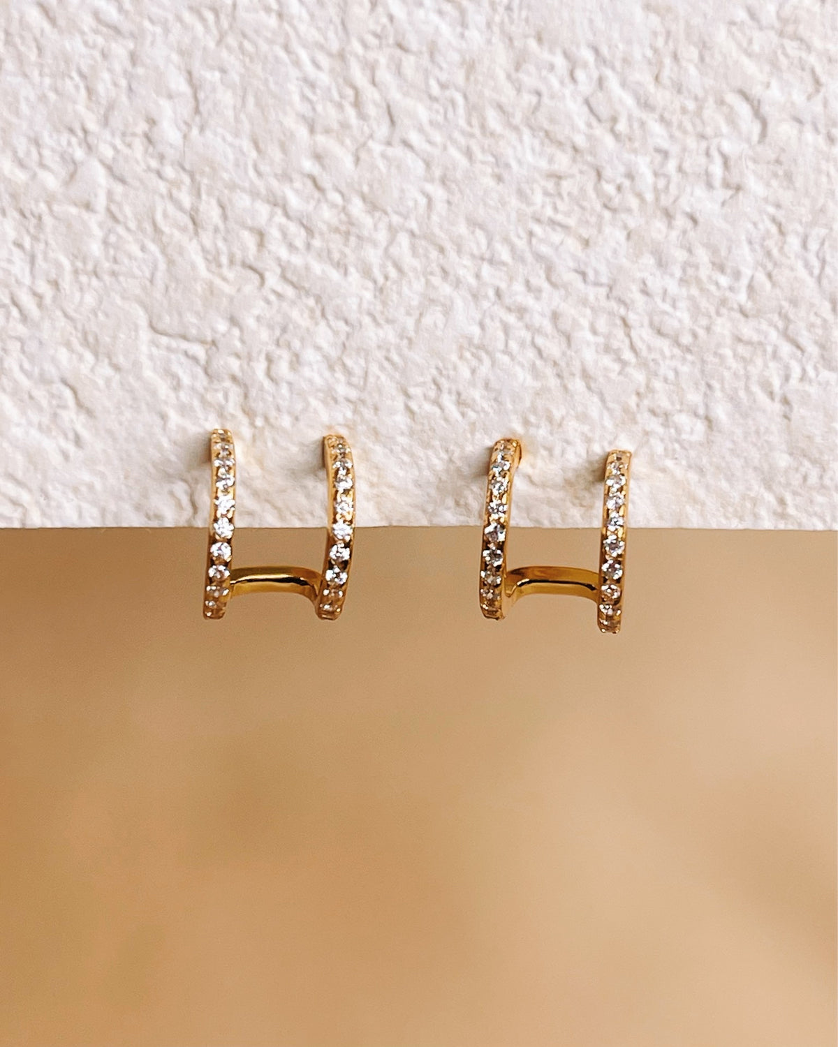 Barbara Zircon Paved Double Layer Pseudo Stack illusion Huggie Hoop Earrings