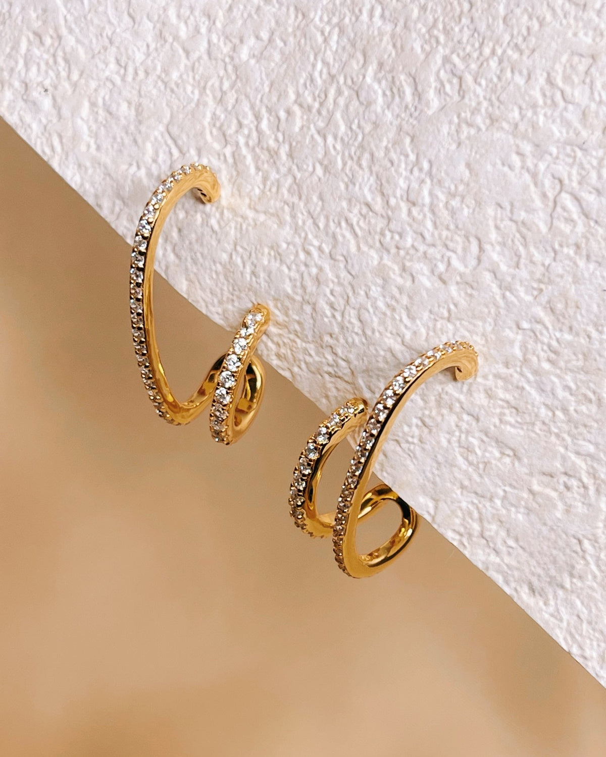 Bonnie Zircon Paved Double Layer Pseudo Stack illusion Huggie Hoop Earrings