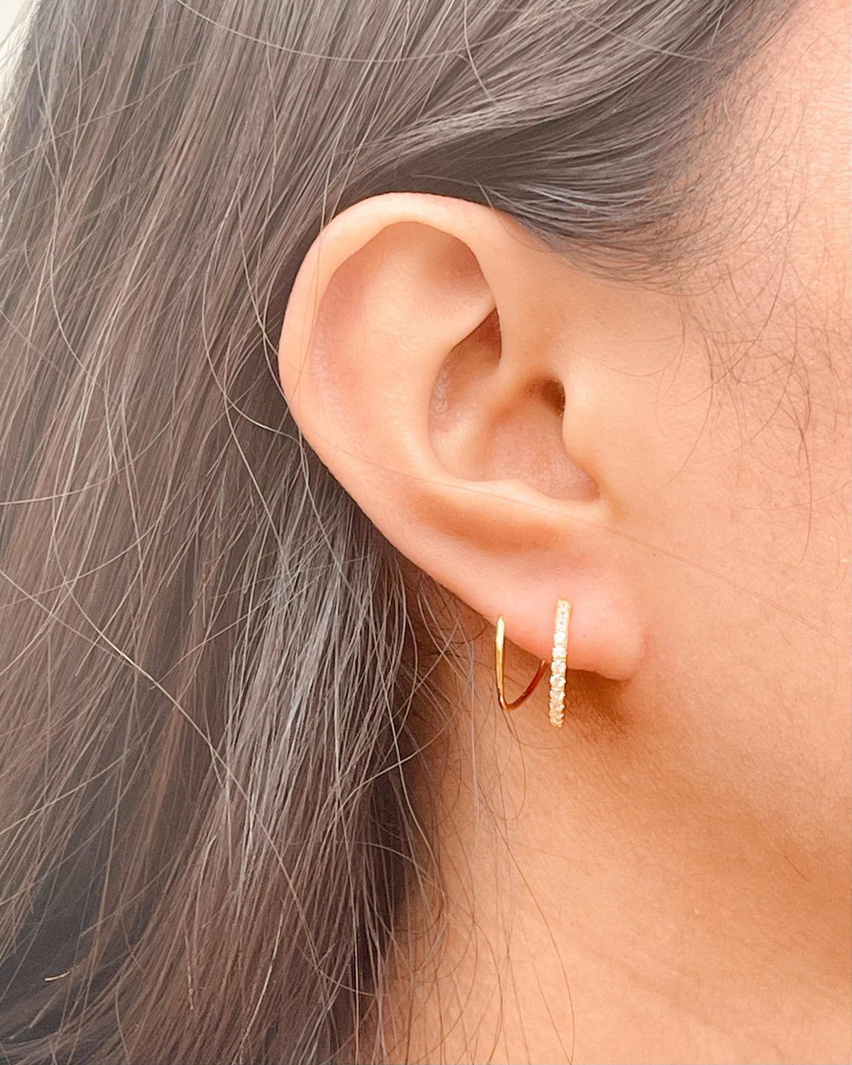 Blair Half Zircon Paved Double Layer Pseudo Stack illusion Spiral Huggie Hoop Earrings