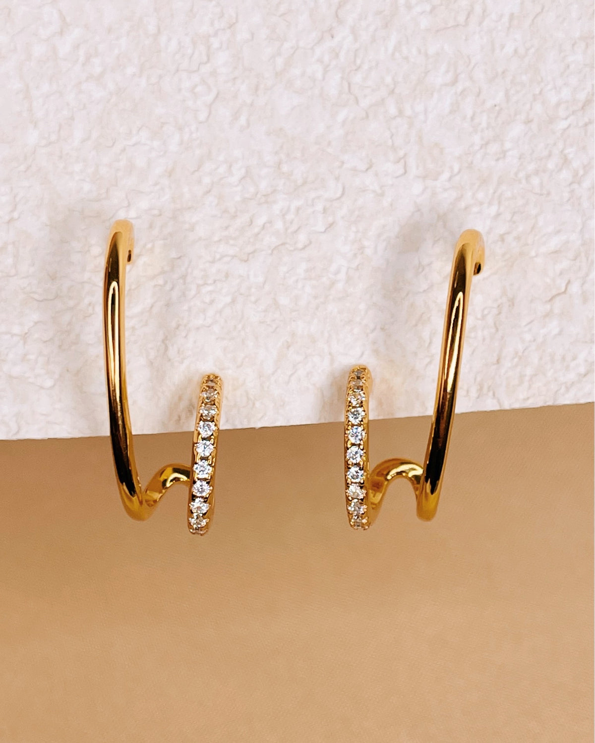 Bridget Half Zircon Paved Double Layer Pseudo Stack illusion Huggie Hoop Earrings