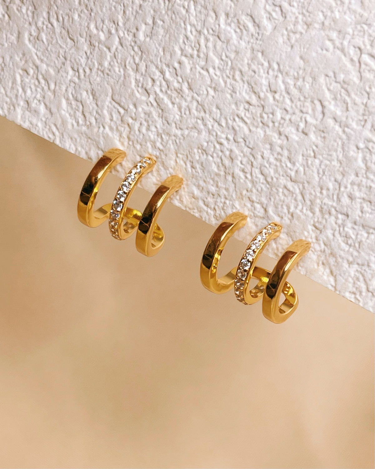 Aubrey 1/3 Zircon Paved Triple Layer Pseudo Stack illusion Huggie Hoop Earrings