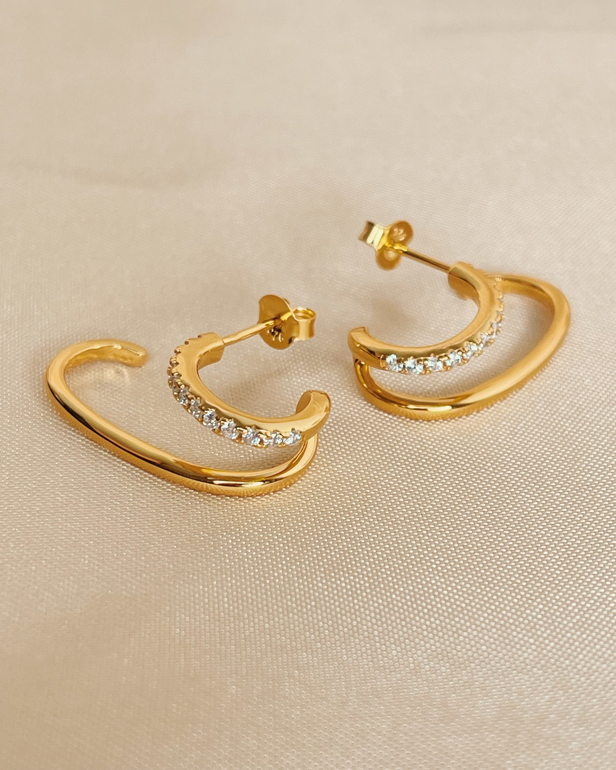 Bridget Half Zircon Paved Double Layer Pseudo Stack illusion Huggie Hoop Earrings