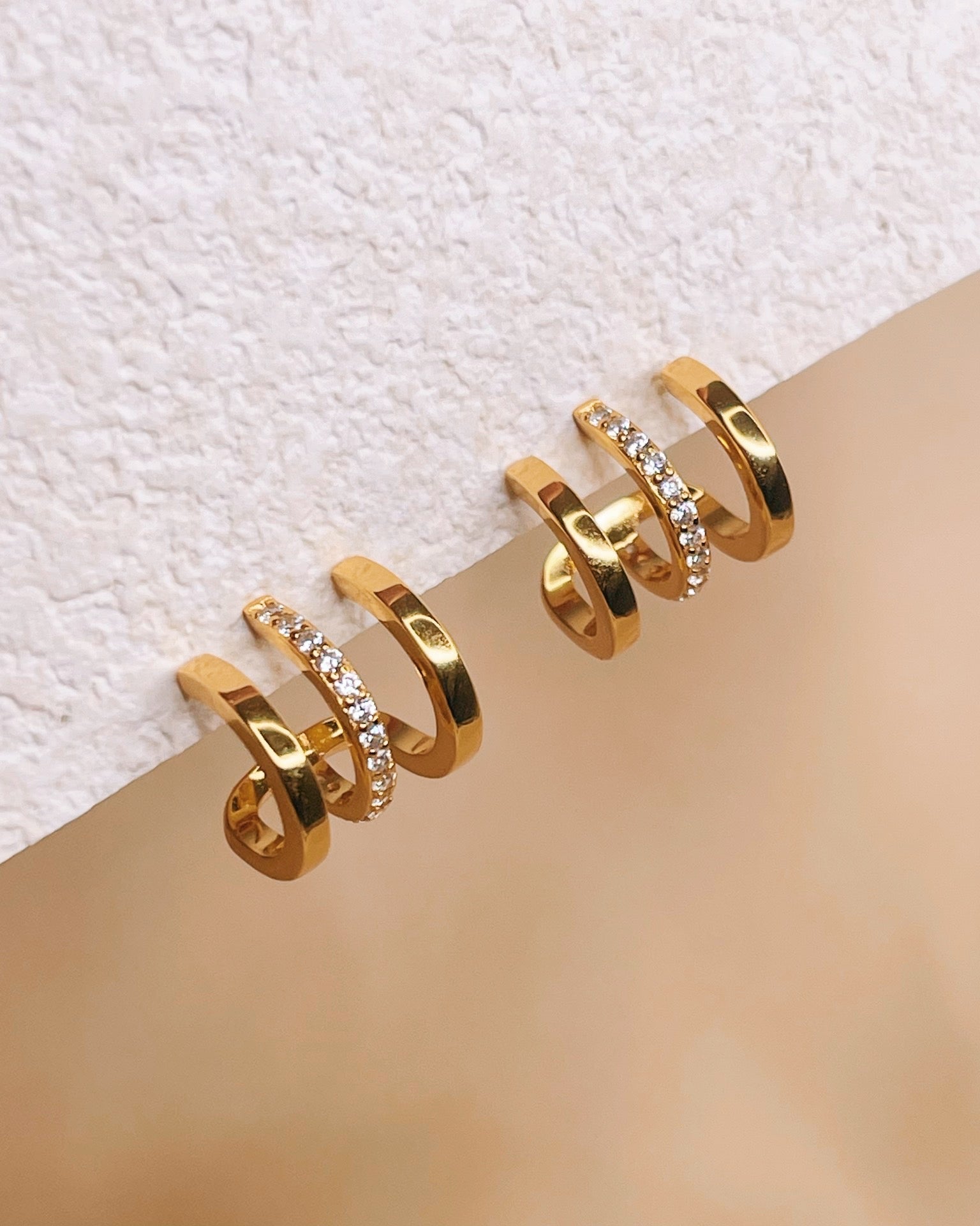 Aubrey 1/3 Zircon Paved Triple Layer Pseudo Stack illusion Huggie Hoop Earrings