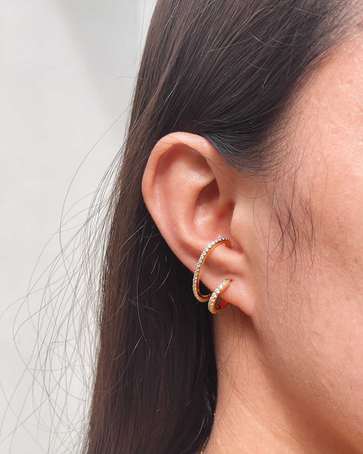 Bonnie Zircon Paved Double Layer Pseudo Stack illusion Huggie Hoop Earrings