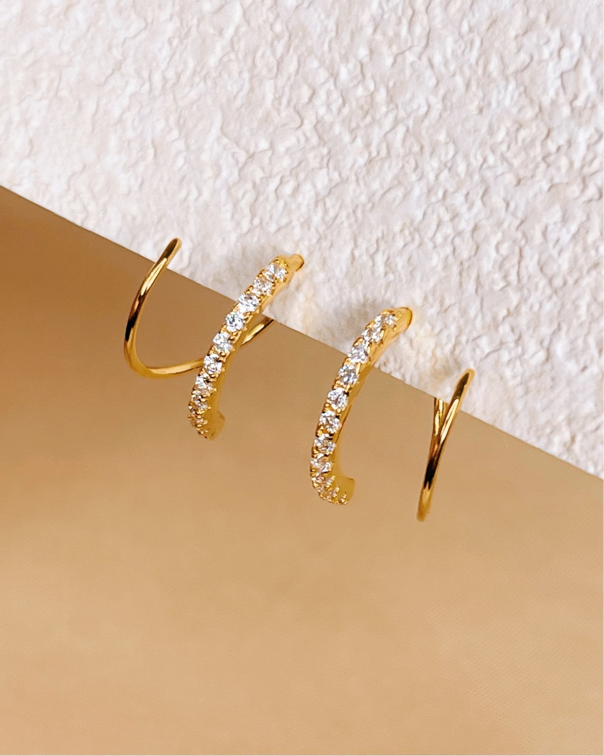 Blair Half Zircon Paved Double Layer Pseudo Stack illusion Spiral Huggie Hoop Earrings