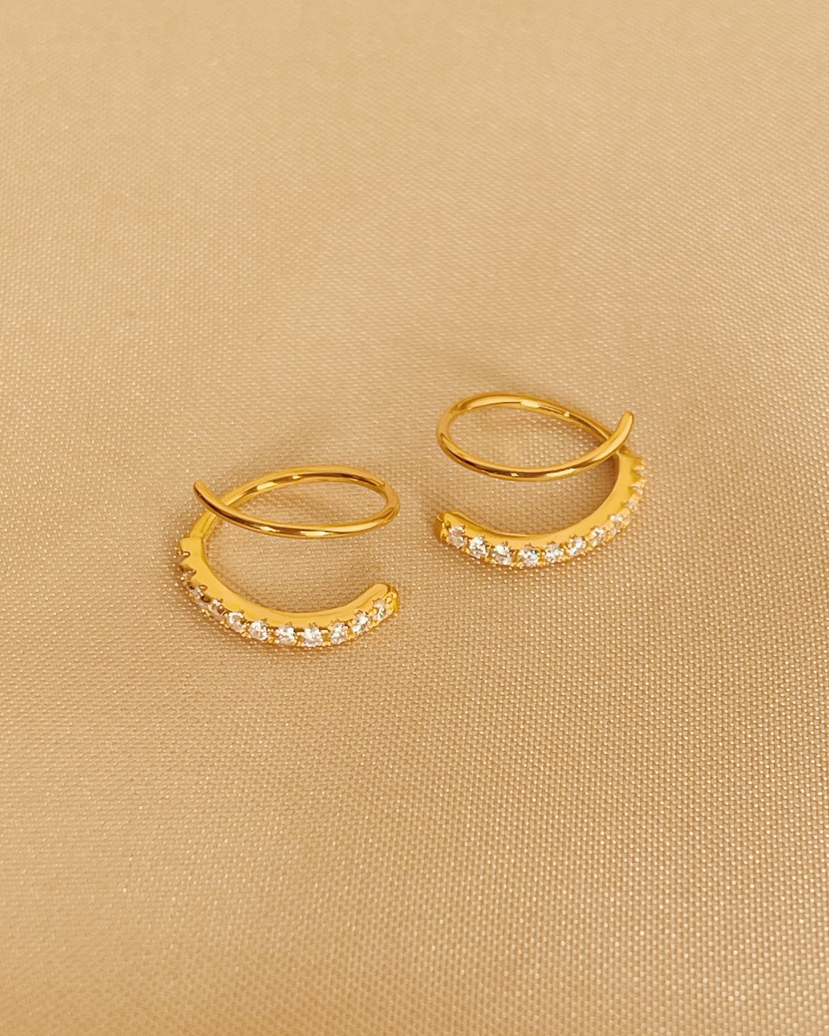 Blair Half Zircon Paved Double Layer Pseudo Stack illusion Spiral Huggie Hoop Earrings