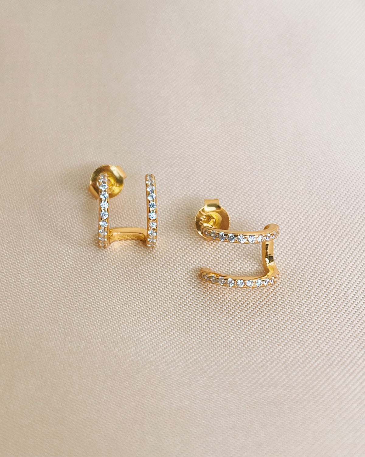 Barbara Zircon Paved Double Layer Pseudo Stack illusion Huggie Hoop Earrings