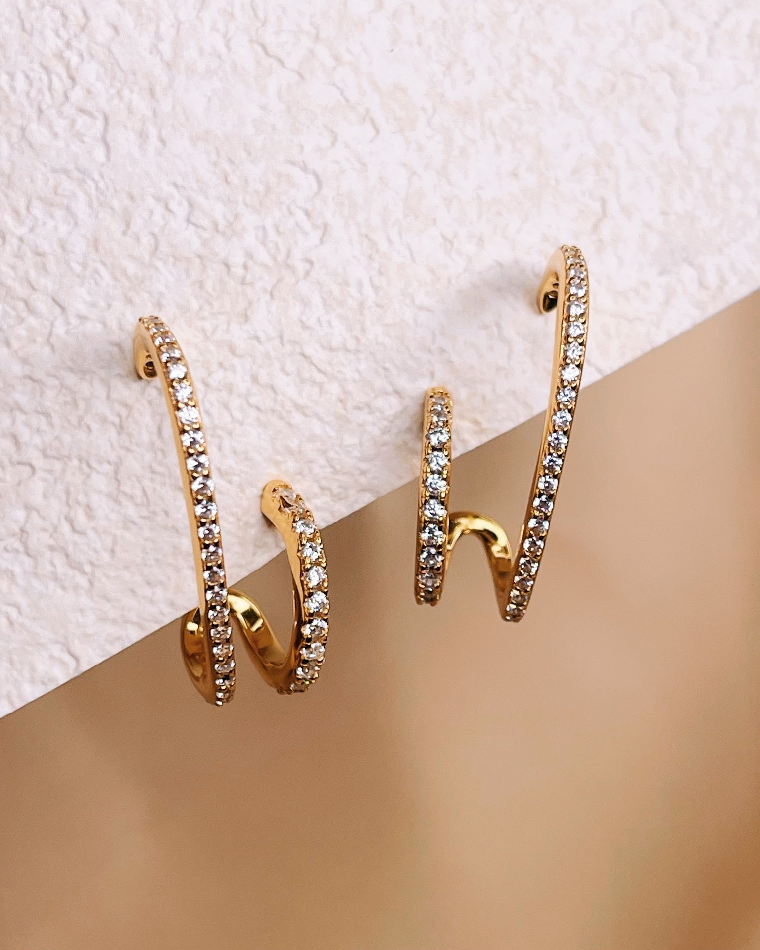 Bonnie Zircon Paved Double Layer Pseudo Stack illusion Huggie Hoop Earrings