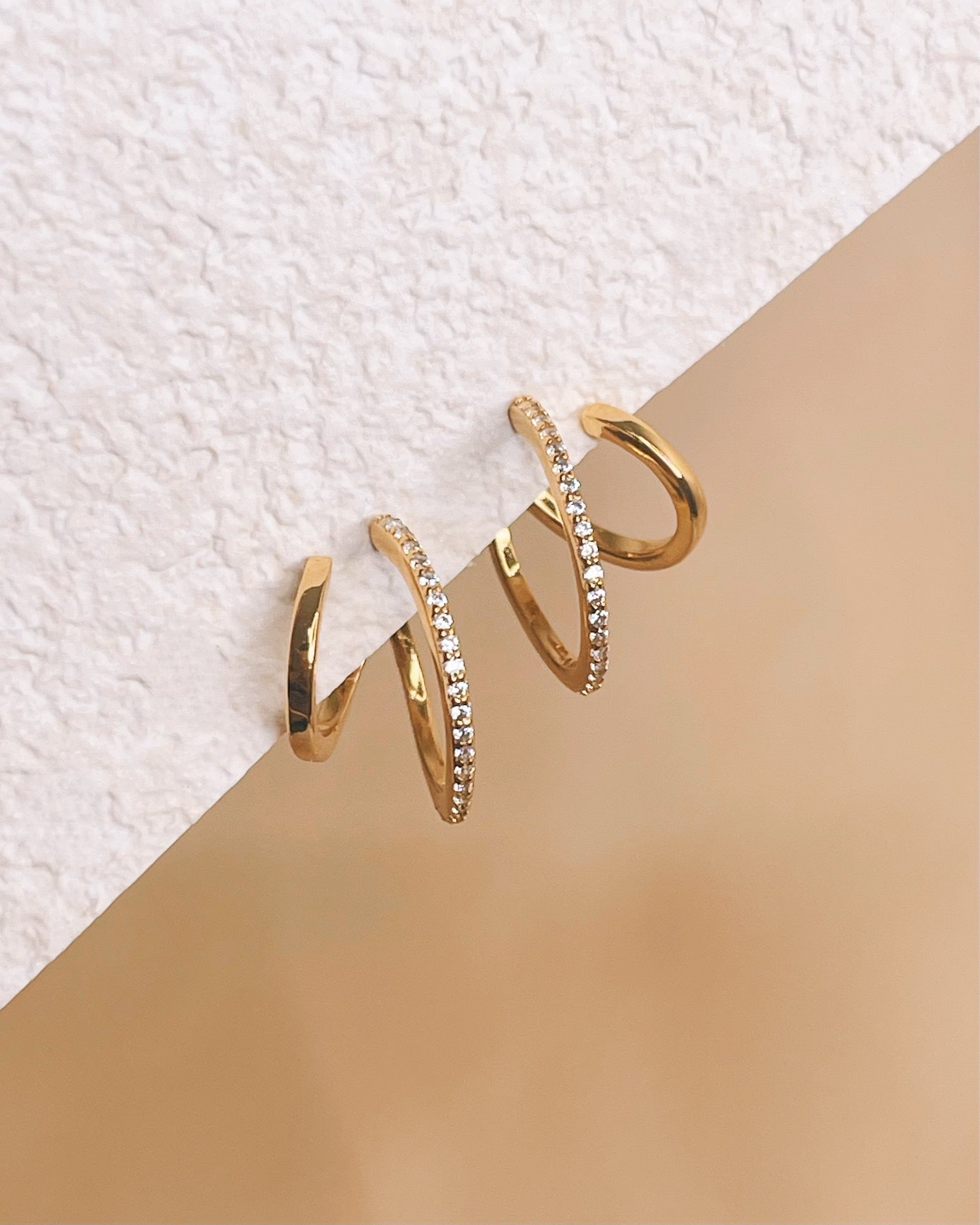 Annie Half Zircon Paved Double Layer Pseudo Stack illusion Huggie Hoop Earrings