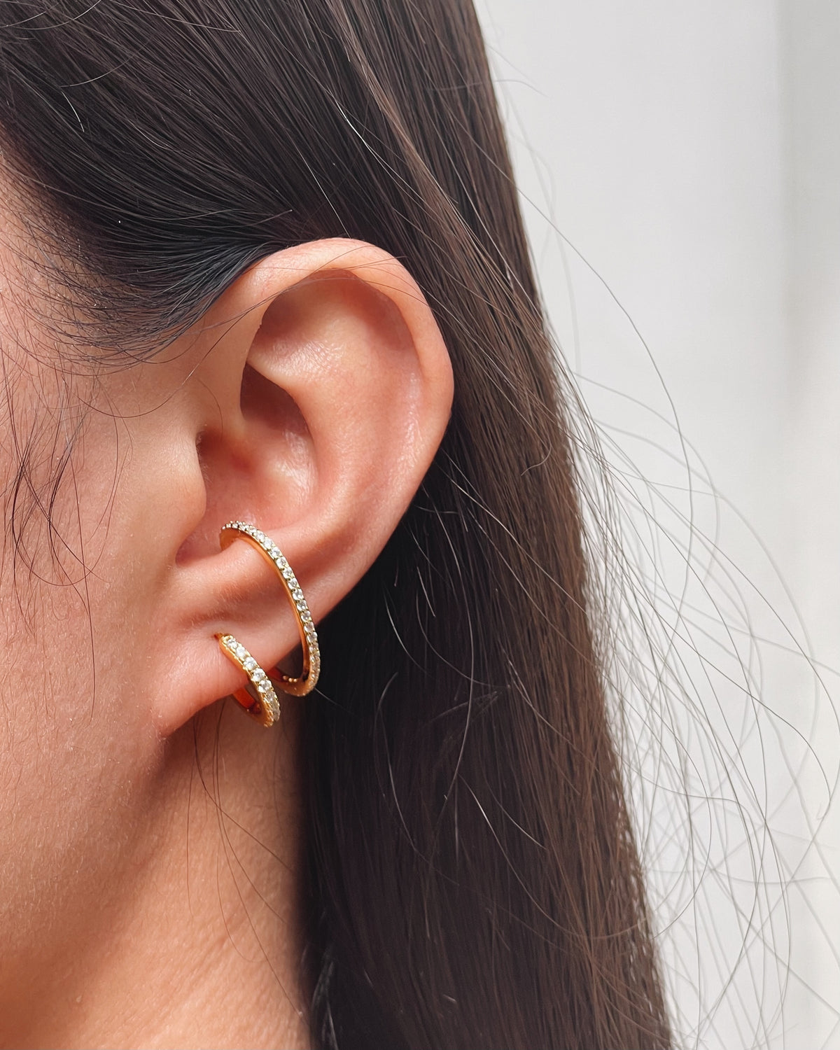 Bonnie Zircon Paved Double Layer Pseudo Stack illusion Huggie Hoop Earrings