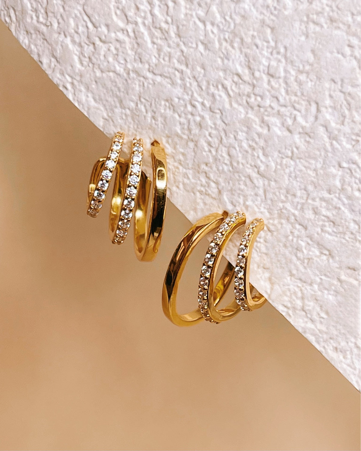 Addison Zircon Paved Gold Triple Layer Pseudo Stack illusion Huggie Hoop Earrings