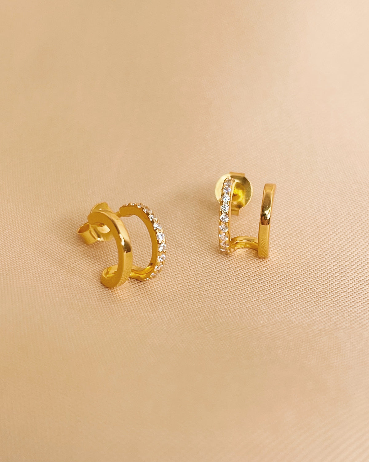 Beatrice Half Zircon Paved Double Layer Pseudo Stack illusion Huggie Hoop Earrings