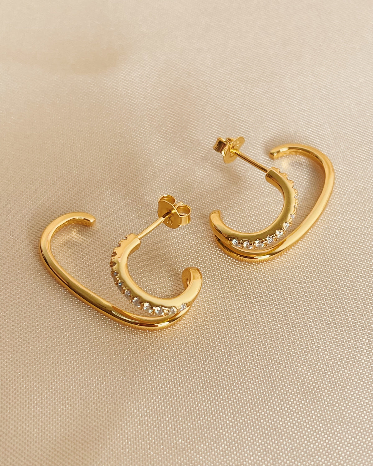 Bridget Half Zircon Paved Double Layer Pseudo Stack illusion Huggie Hoop Earrings