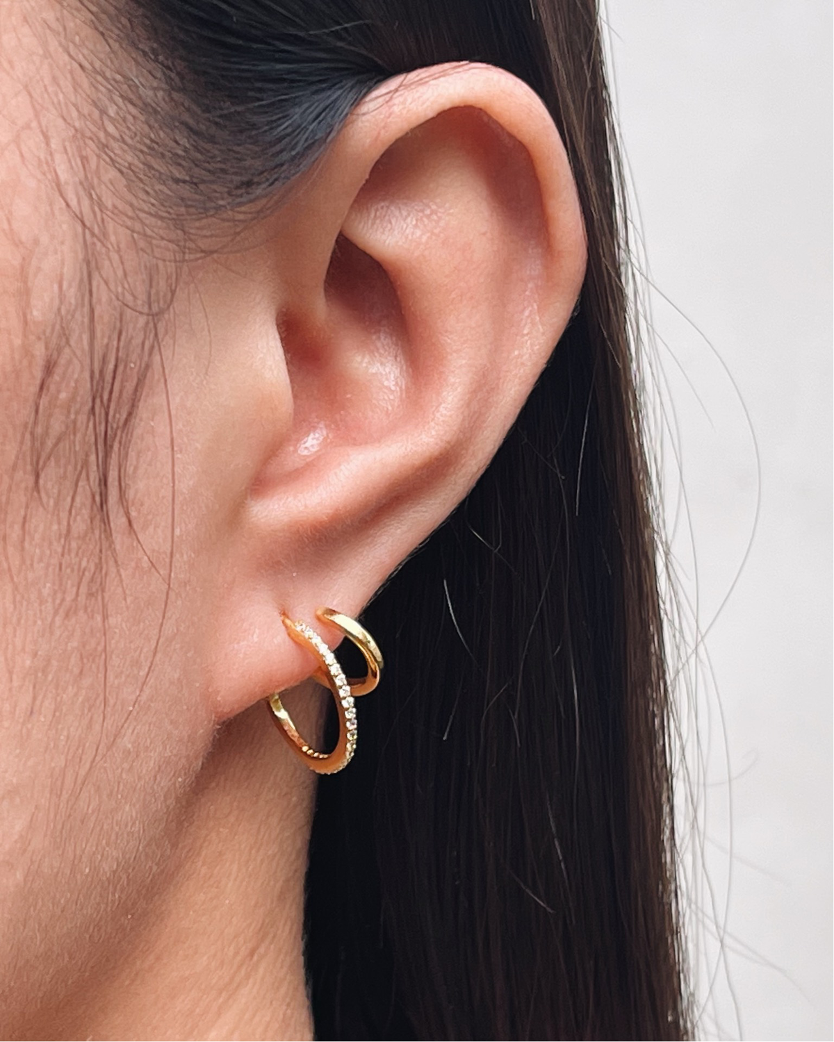 Annie Half Zircon Paved Double Layer Pseudo Stack illusion Huggie Hoop Earrings