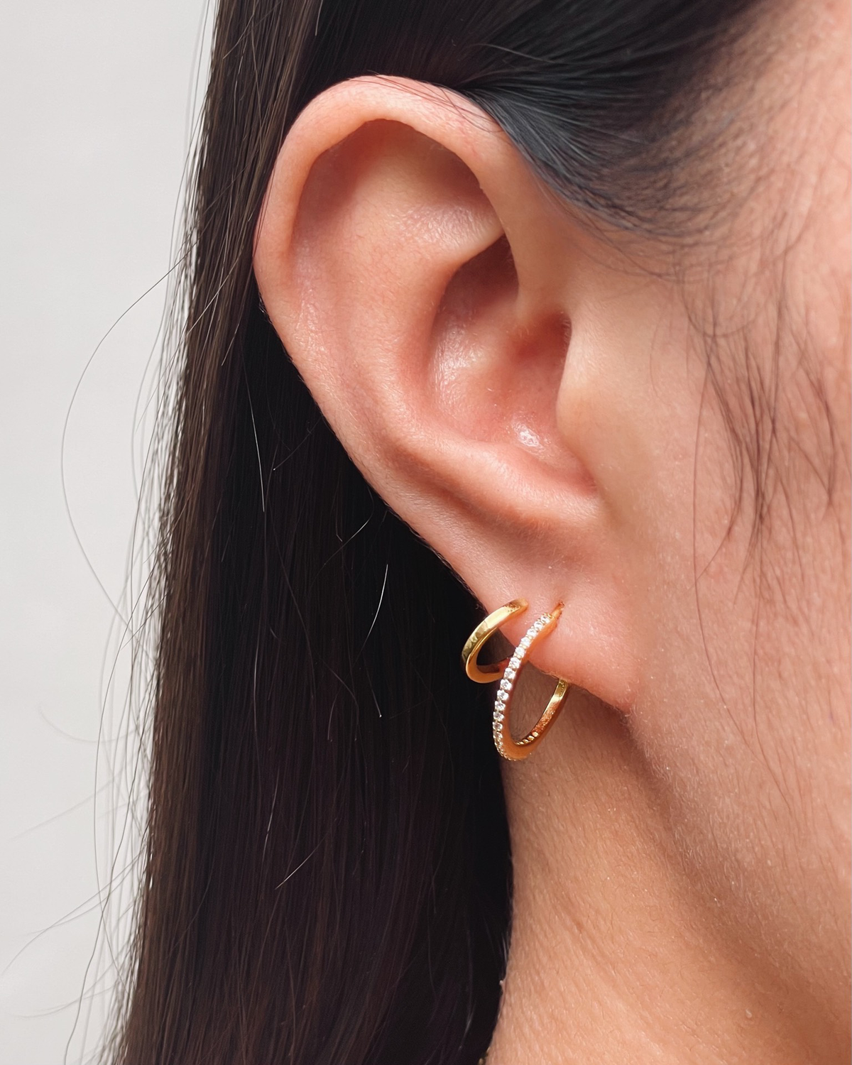 Annie Half Zircon Paved Double Layer Pseudo Stack illusion Huggie Hoop Earrings