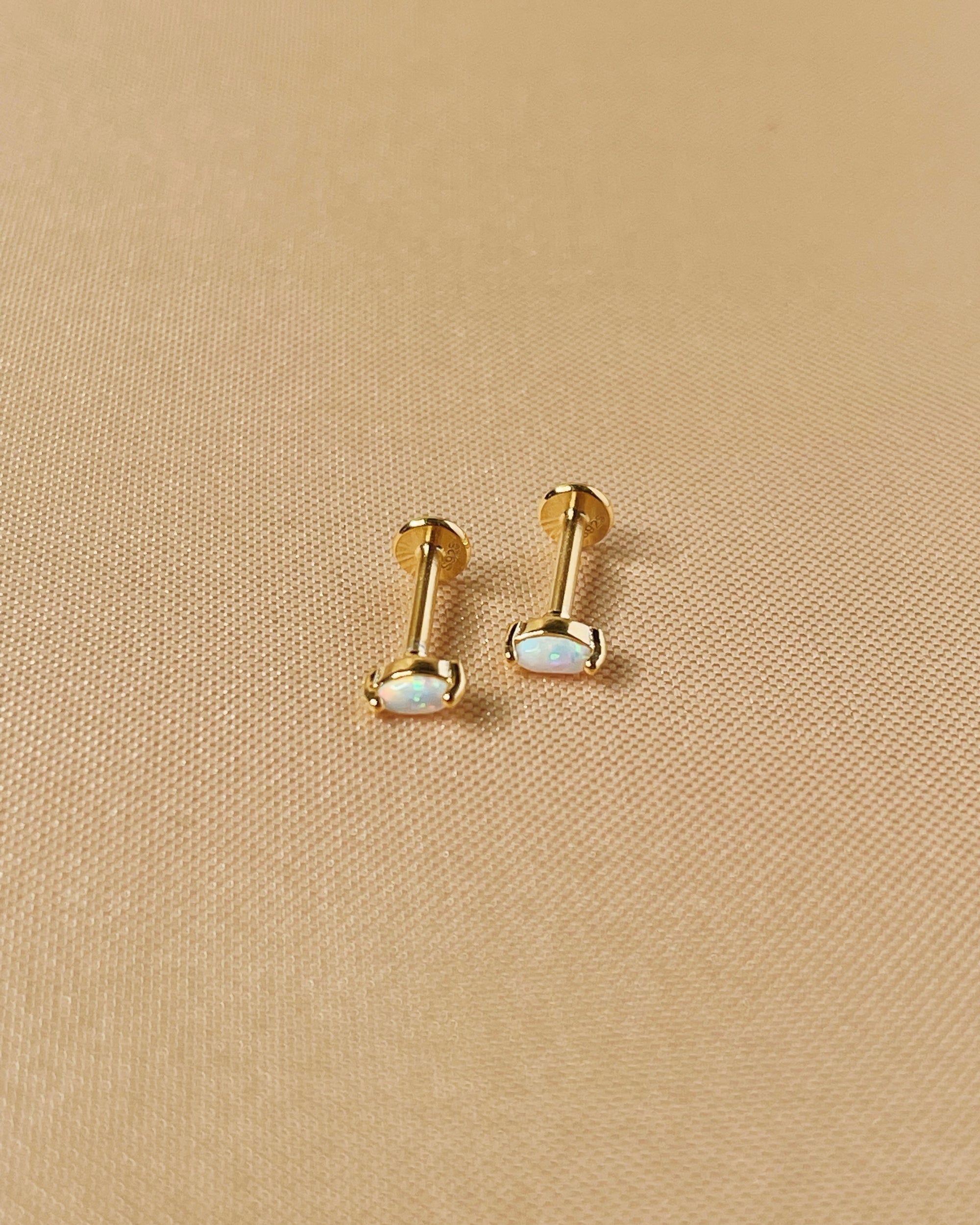 Tori Opal Gold Flat Back Internally Threaded Labret Ear Piercing Studs | 18K Gold Plated 925 Sterling Silver