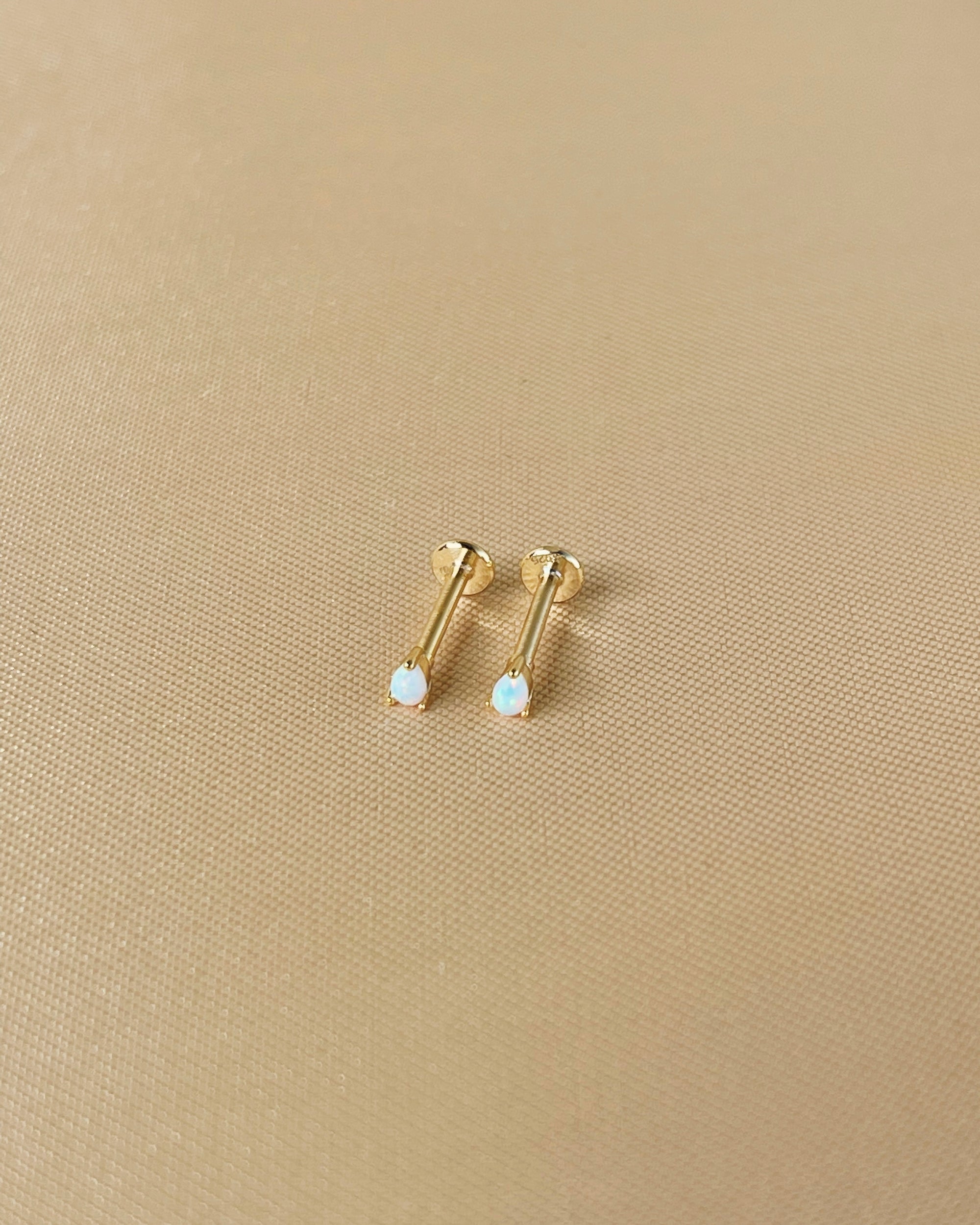 Arlette Opal Gold Flat Back Internally Threaded Labret Ear Piercing Studs | 18K Gold Plated 925 Sterling Silver