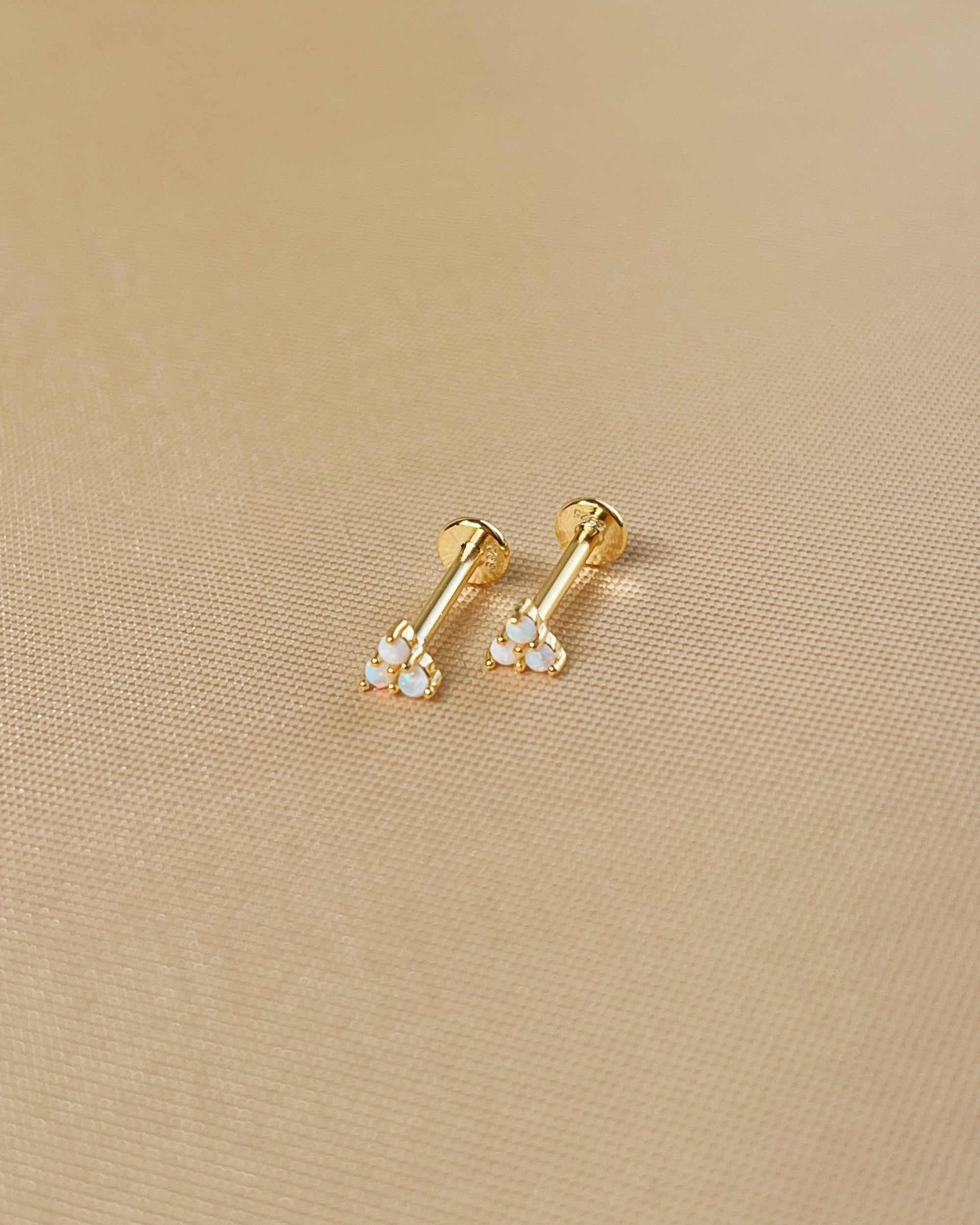 Vida Opal Gold Flat Back Internally Threaded Labret Ear Piercing Studs | 18K Gold Plated 925 Sterling Silver